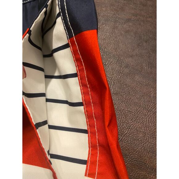 Lands End Red White Blue Stripe Swim Trunk Shorts Pockets Built-in Brief Large - Picture 10 of 11